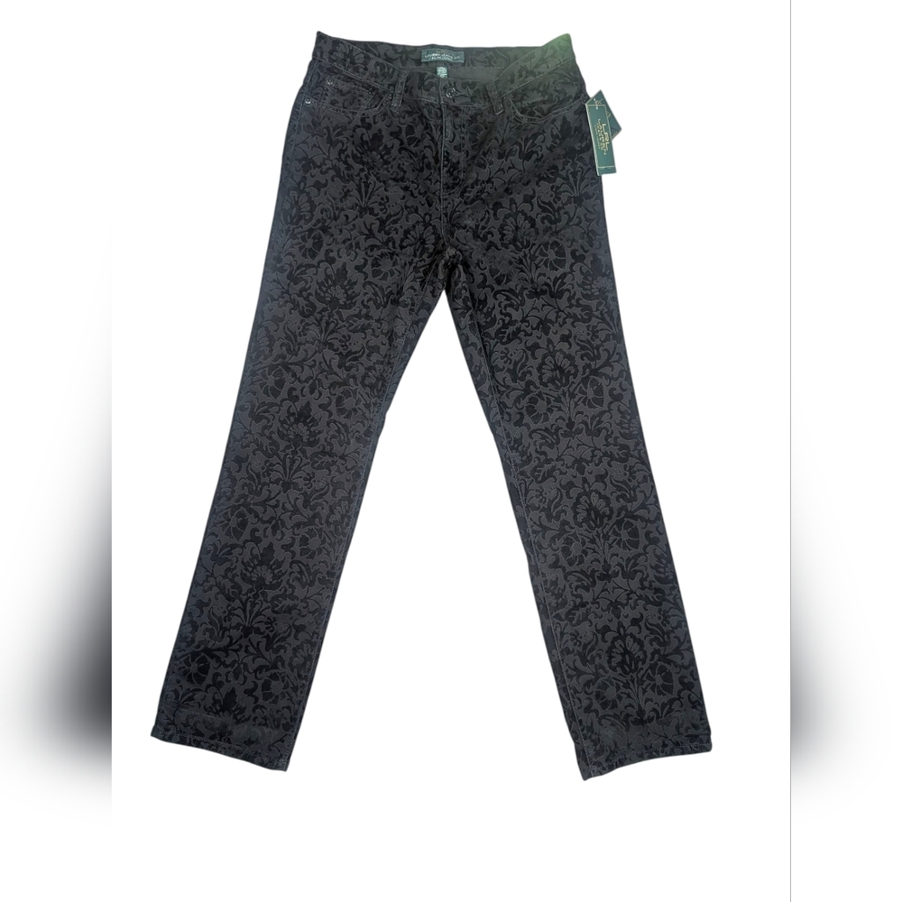 NWT LRL Midnight Damask Black Jeans Size 12 Floral Pattered Classic Straight Fit - Picture 11 of 16